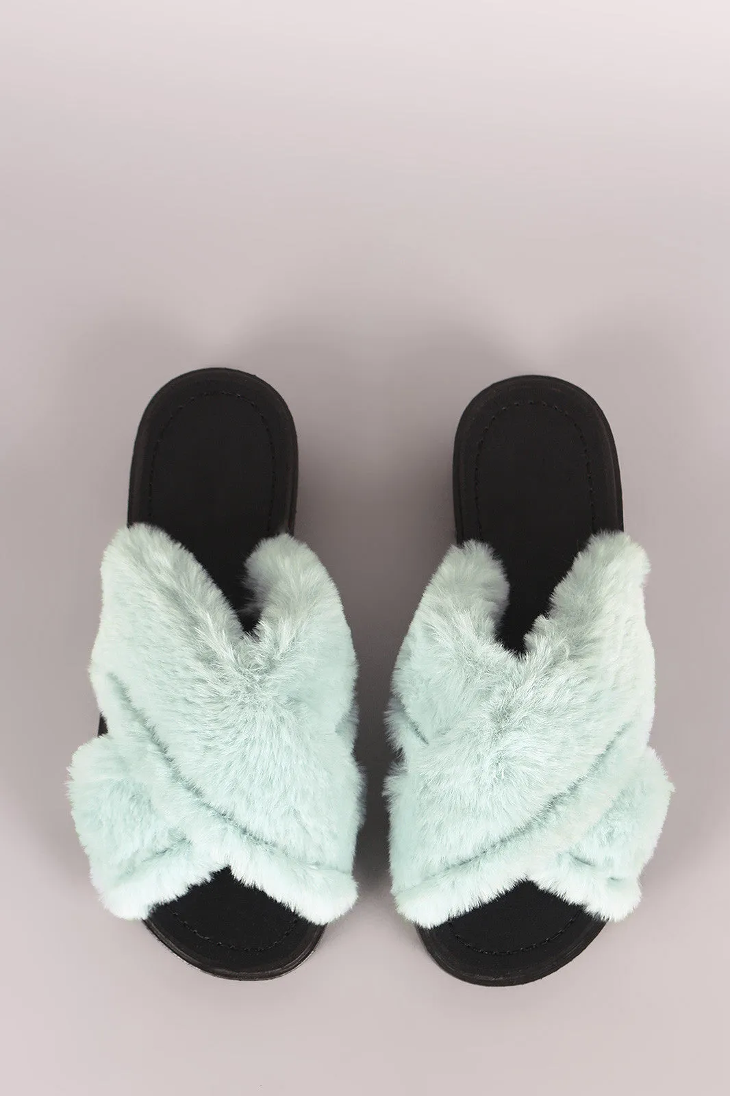 Qupid Crisscross Faux Fur Slide Sandal