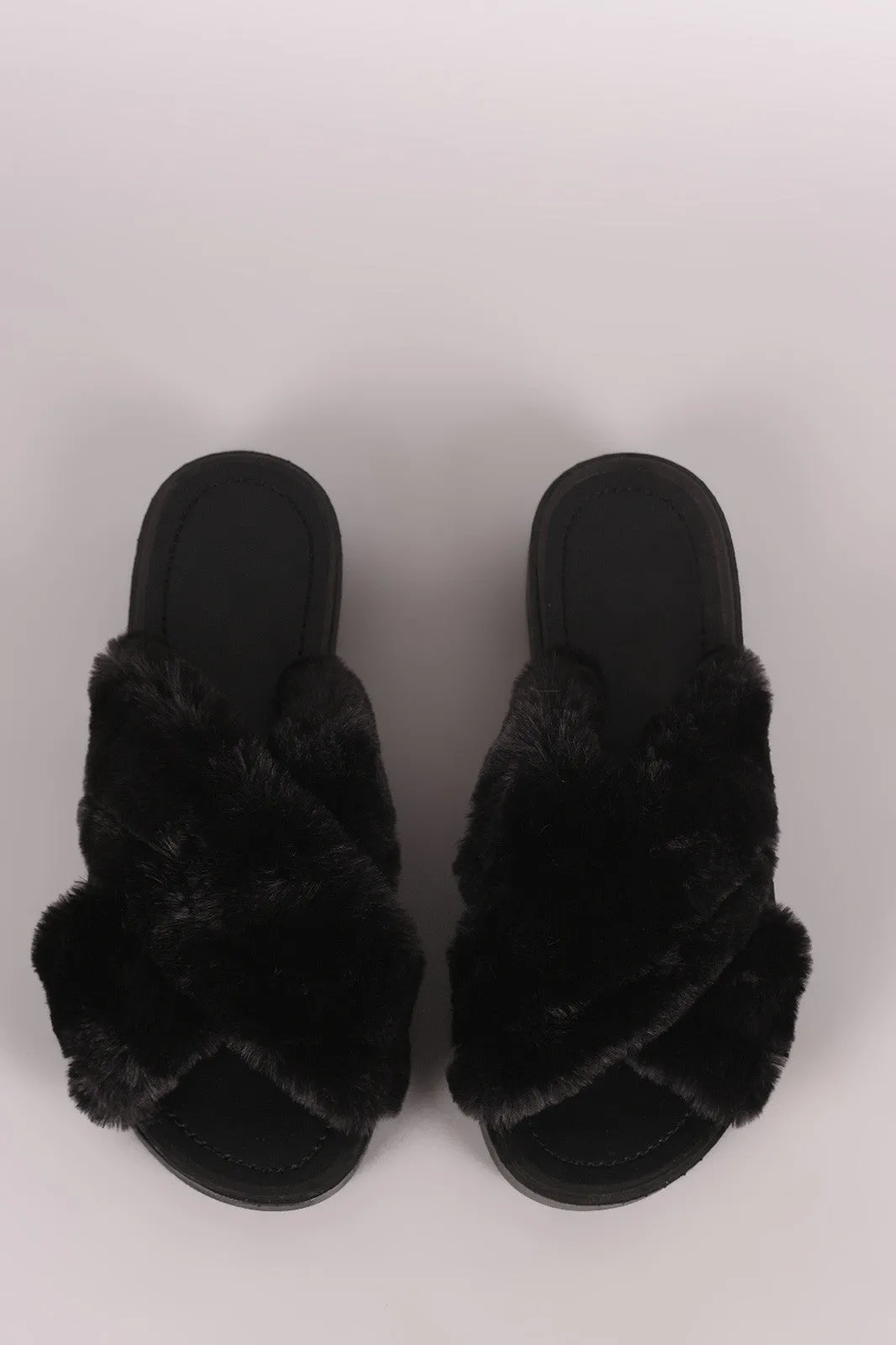 Qupid Crisscross Faux Fur Slide Sandal