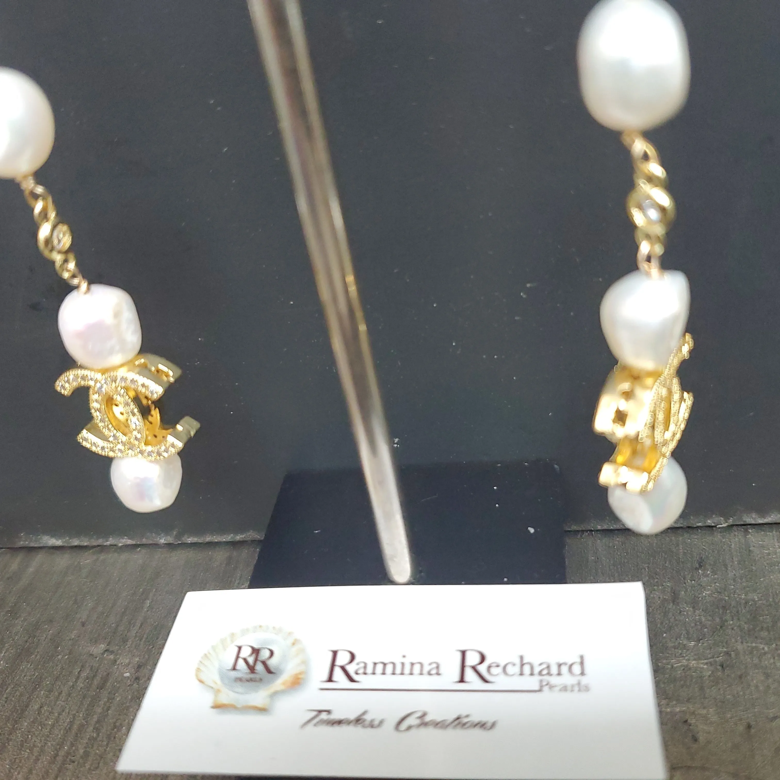 Ramina Pearls Gold Plated CC Symbol with 2 Pearls Earrings Above & One Below