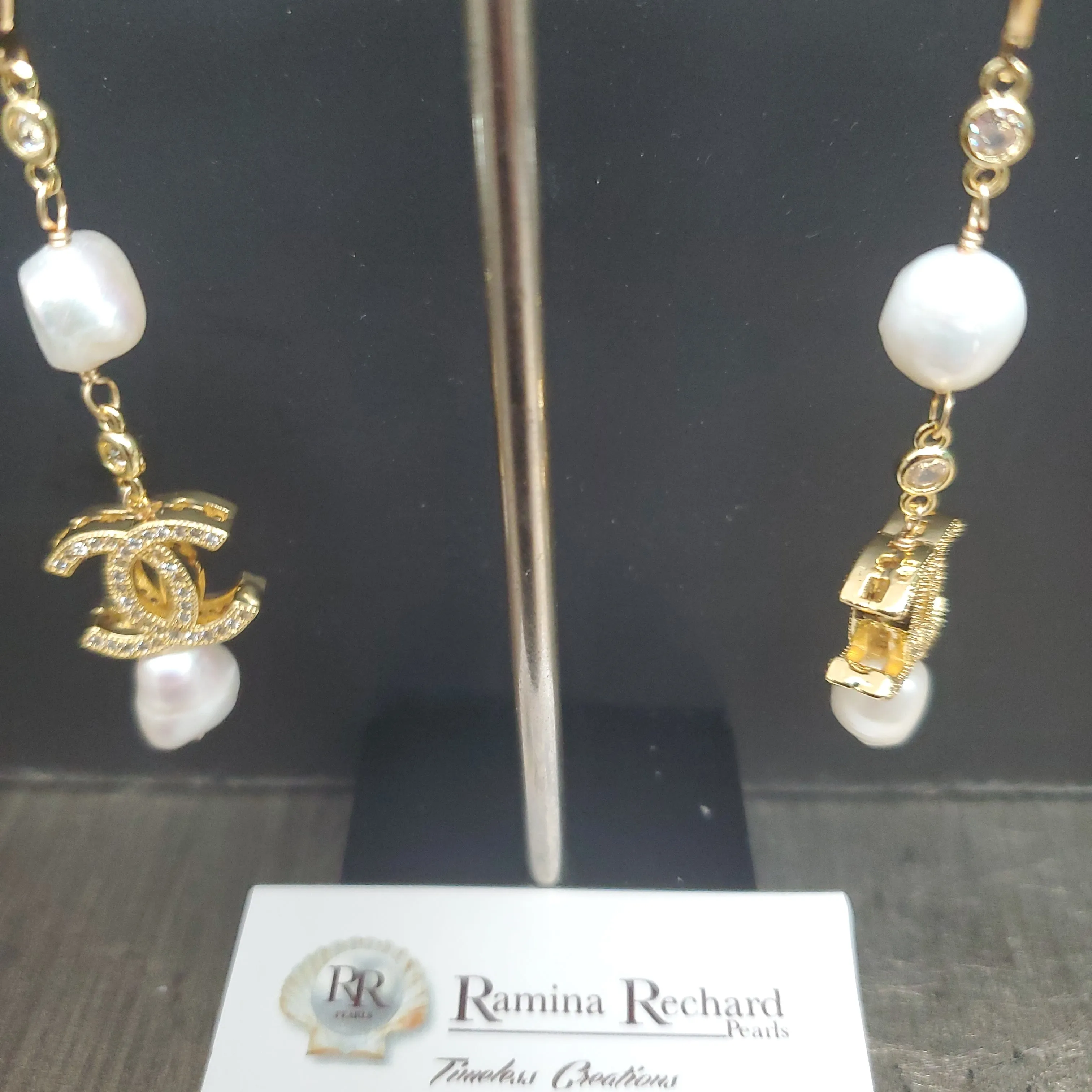 Ramina Pearls Gold Plated Small CC with Pearls Earrings Above & Below