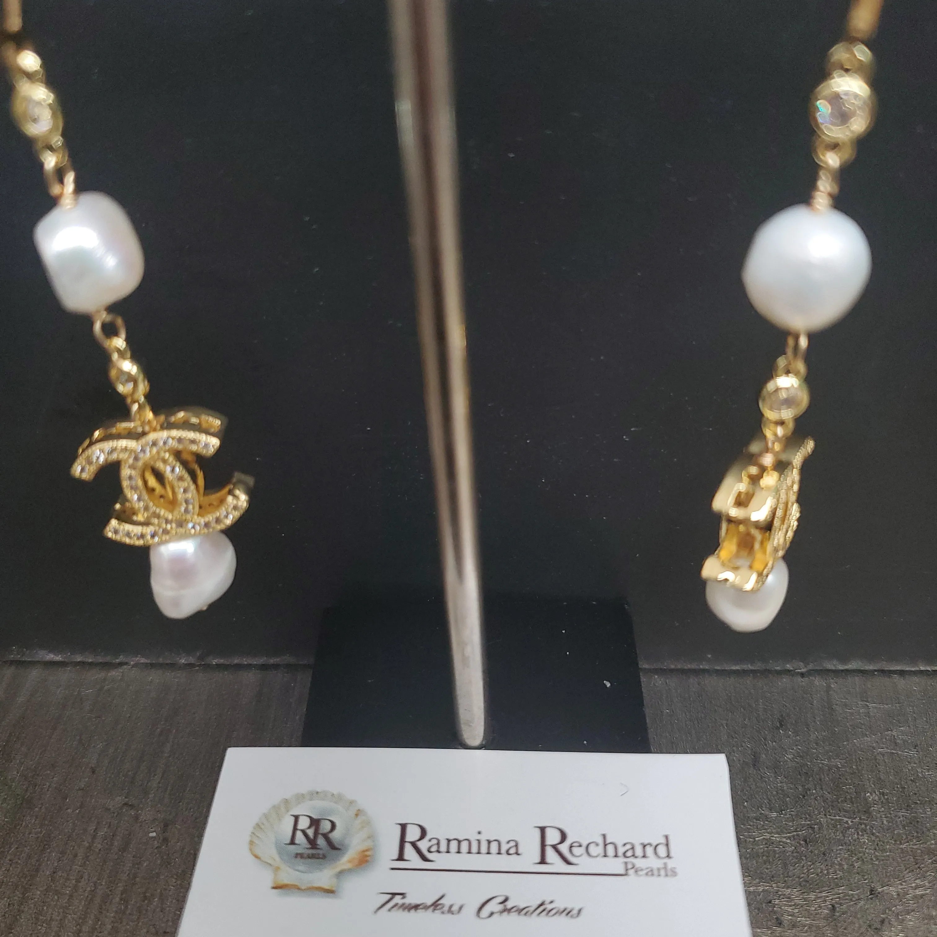 Ramina Pearls Gold Plated Small CC with Pearls Earrings Above & Below