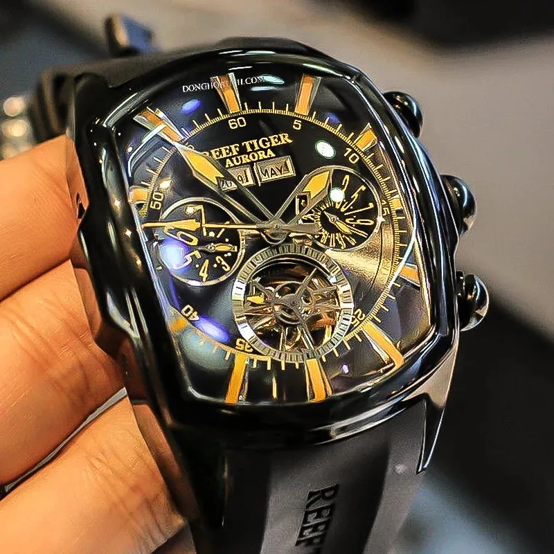 Reef Tiger/RT Top Brand Luxury Big Watch White Dial Mechanical Tourbillon Sport Watches Relogio Masculino