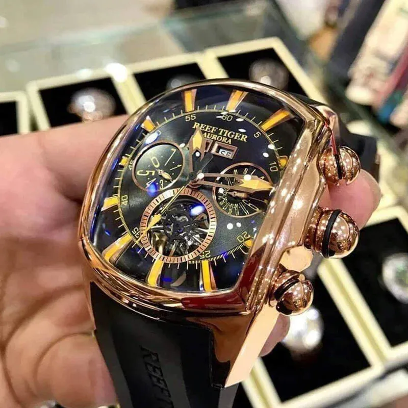 Reef Tiger/RT Top Brand Luxury Big Watch White Dial Mechanical Tourbillon Sport Watches Relogio Masculino