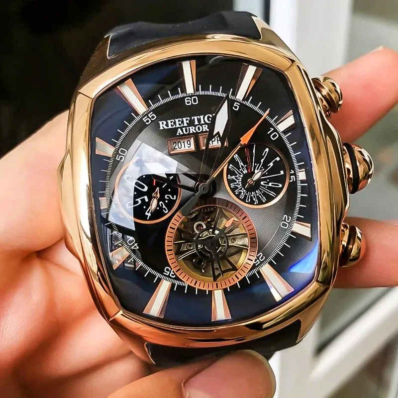 Reef Tiger/RT Top Brand Luxury Big Watch White Dial Mechanical Tourbillon Sport Watches Relogio Masculino