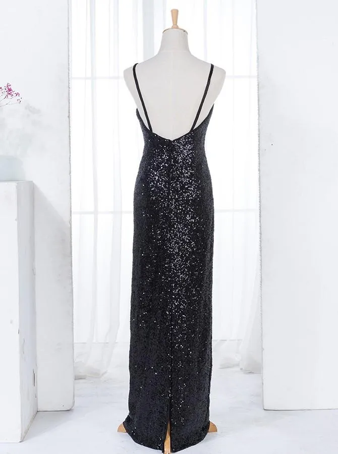 Sheath Spaghetti Straps Floor Length Black Sequined Bridesmaid Dress (BMA208L)