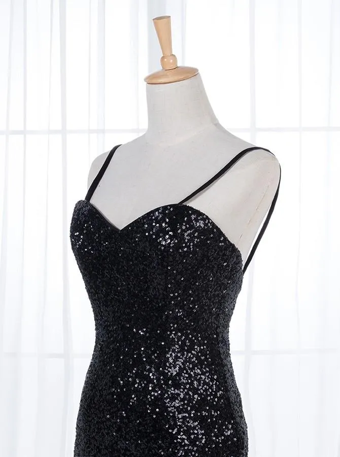 Sheath Spaghetti Straps Floor Length Black Sequined Bridesmaid Dress (BMA208L)