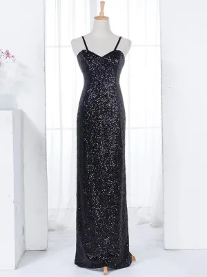 Sheath Spaghetti Straps Floor Length Black Sequined Bridesmaid Dress (BMA208L)