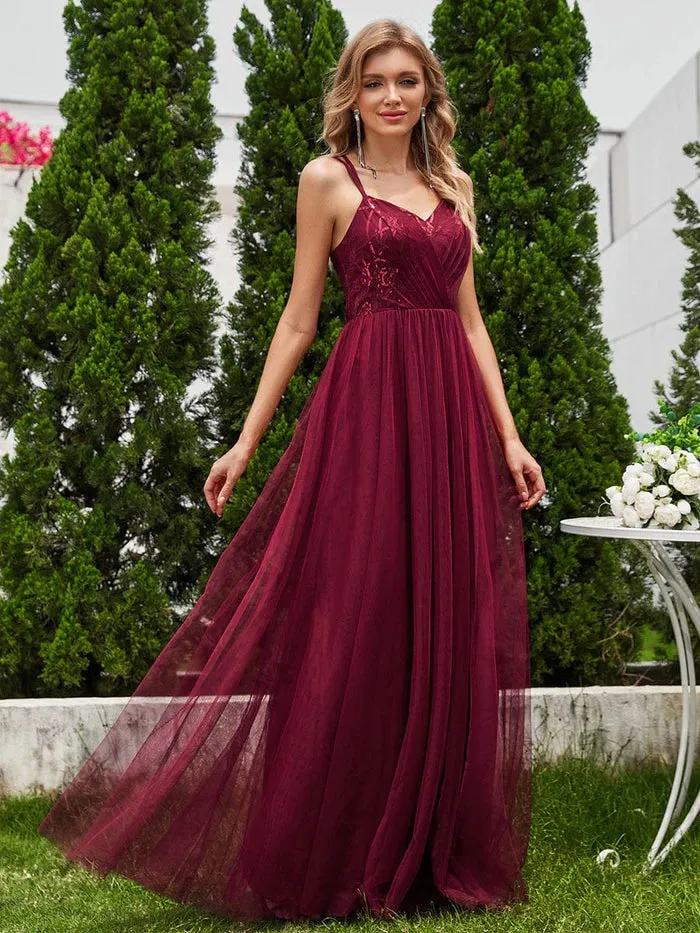 Shimmer Cross-Back Straps Tulle Bridesmaid Dress with sleeveless