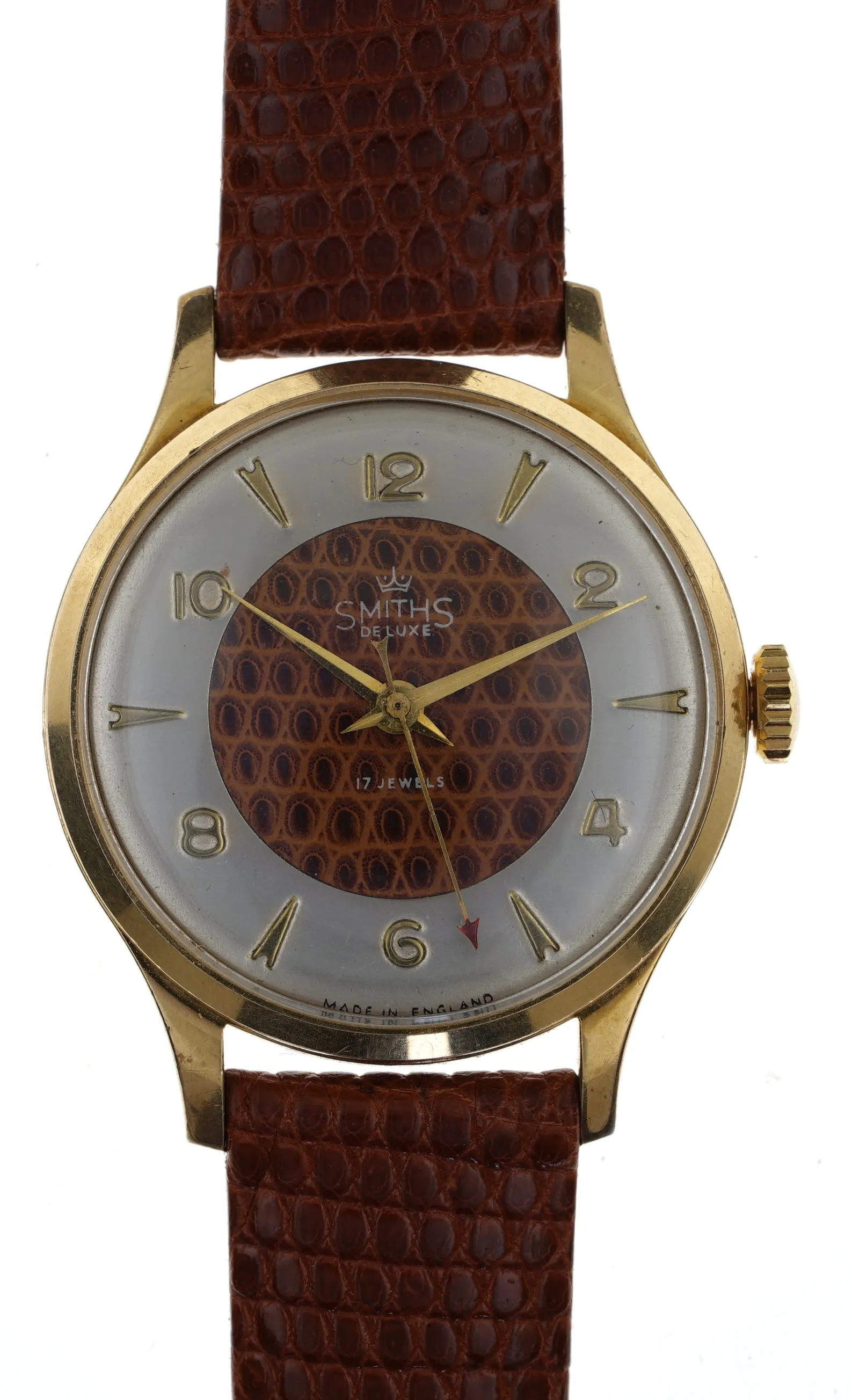 SMITHS DELUXE MADE IN ENGLAND MODEL A359 FANCY EXOTIC LIZARD INLAID DIAL WRISTWATCH ORIGINAL BOX