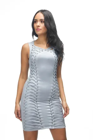 THE MYSTYLEMODE POWDER BLUE CRISS CROSS TIE DOUBLE LINED BODYCON DRESS