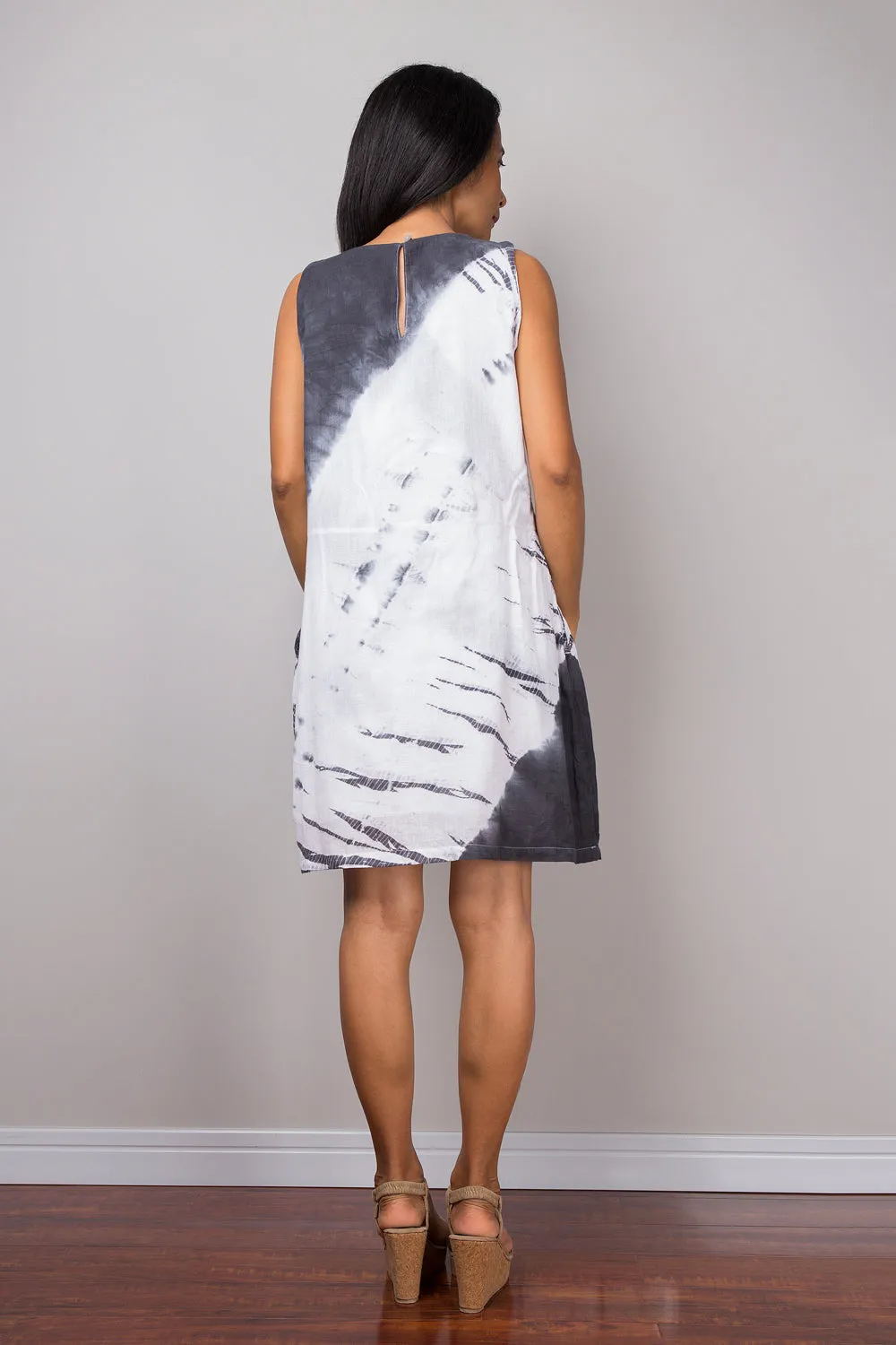 Tie dye dress, short dress, Summer Dress, Sleeveless dress, Black and White Dress, Shibori dress