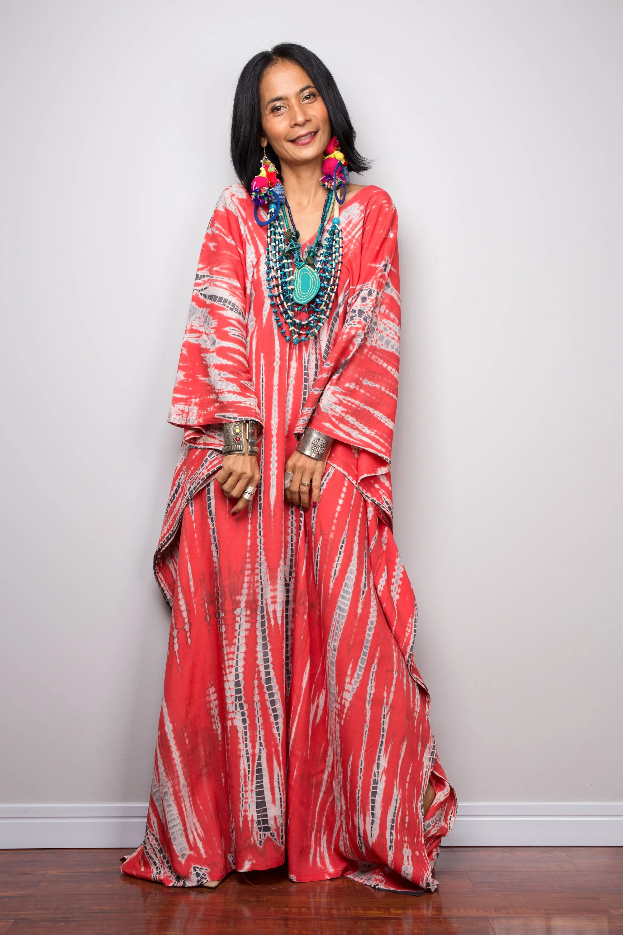 Tie dye kaftan, Beach dress, Long red Maxi dress, resort Kaftan, Summer kaftan,