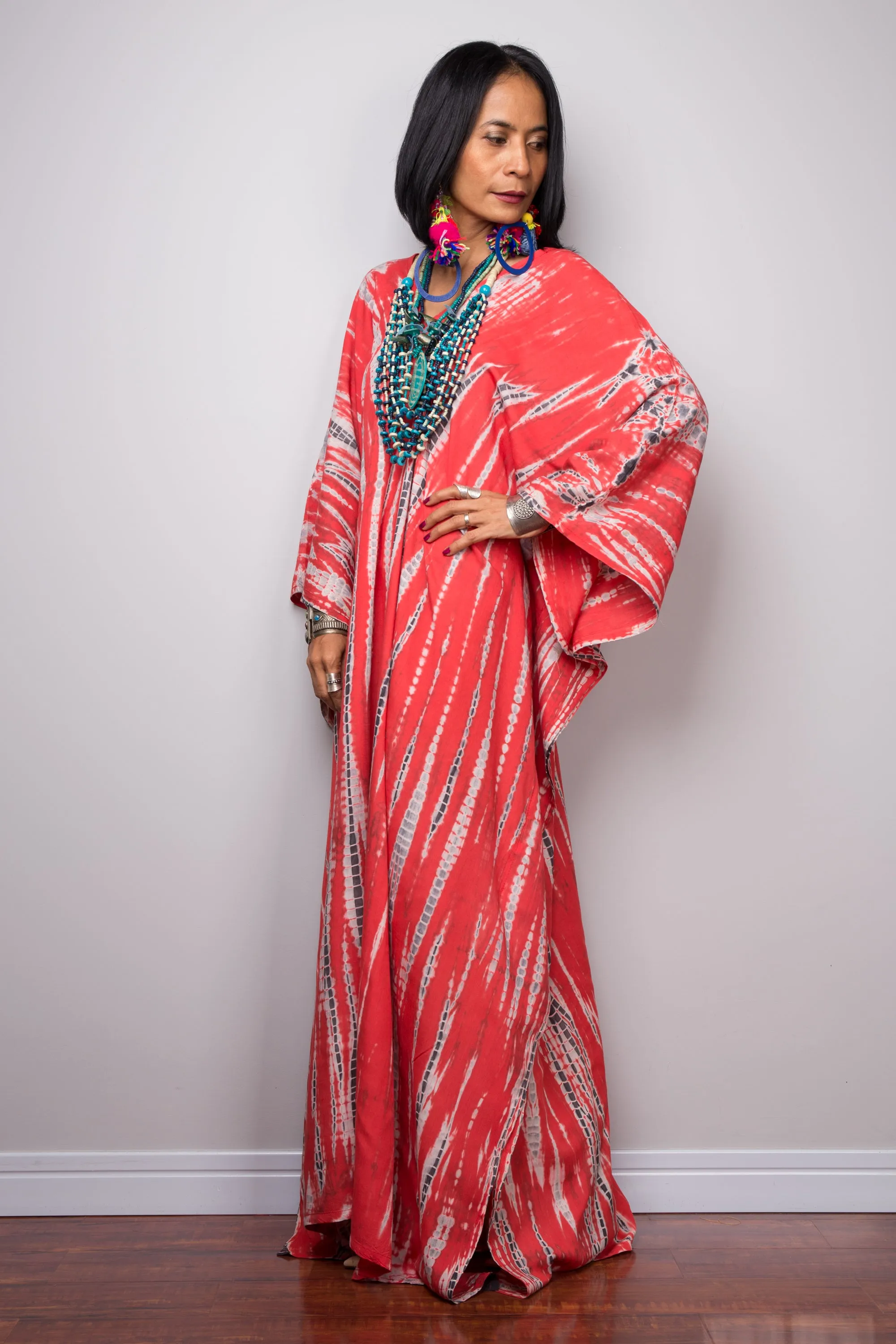 Tie dye kaftan, Beach dress, Long red Maxi dress, resort Kaftan, Summer kaftan,