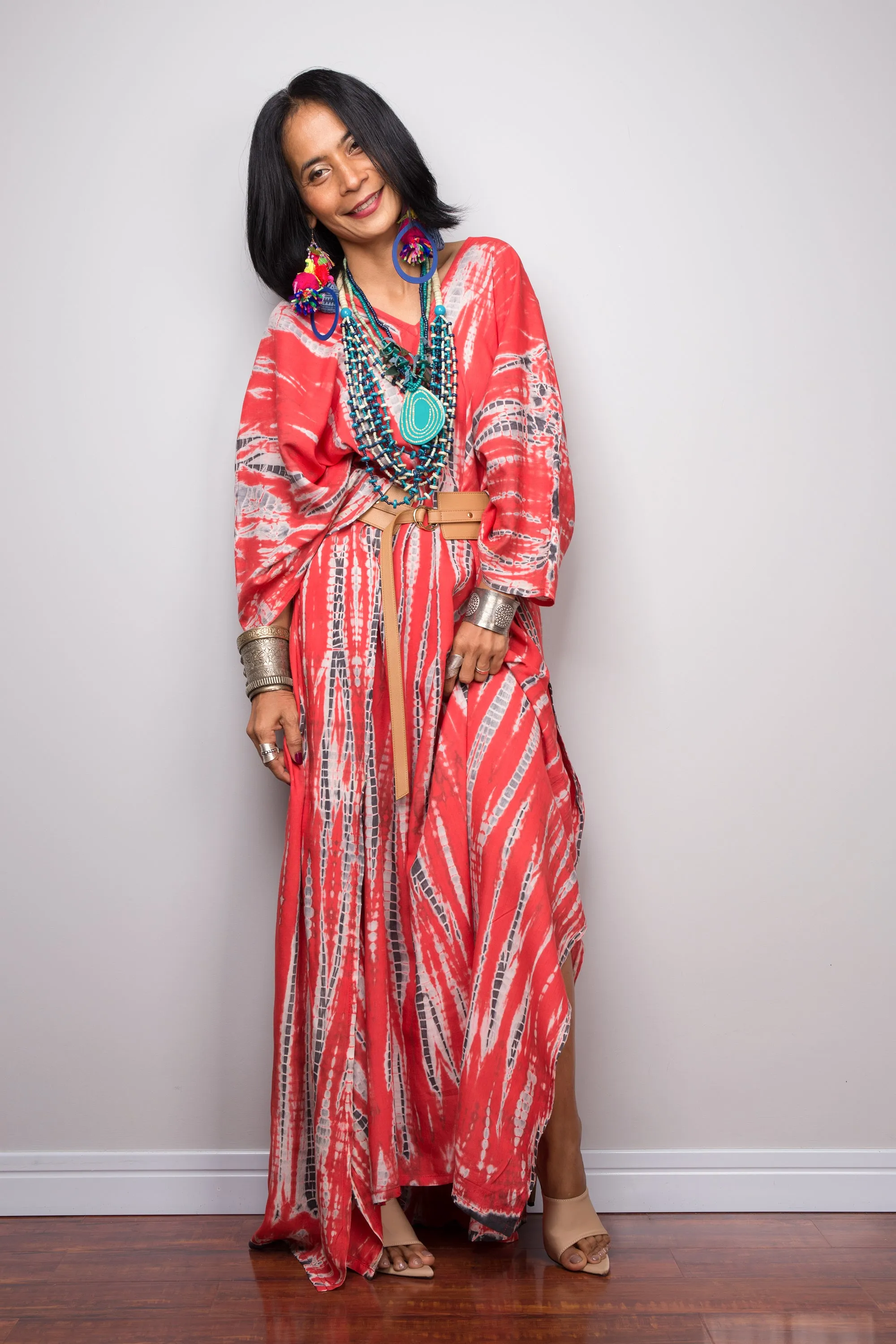 Tie dye kaftan, Beach dress, Long red Maxi dress, resort Kaftan, Summer kaftan,