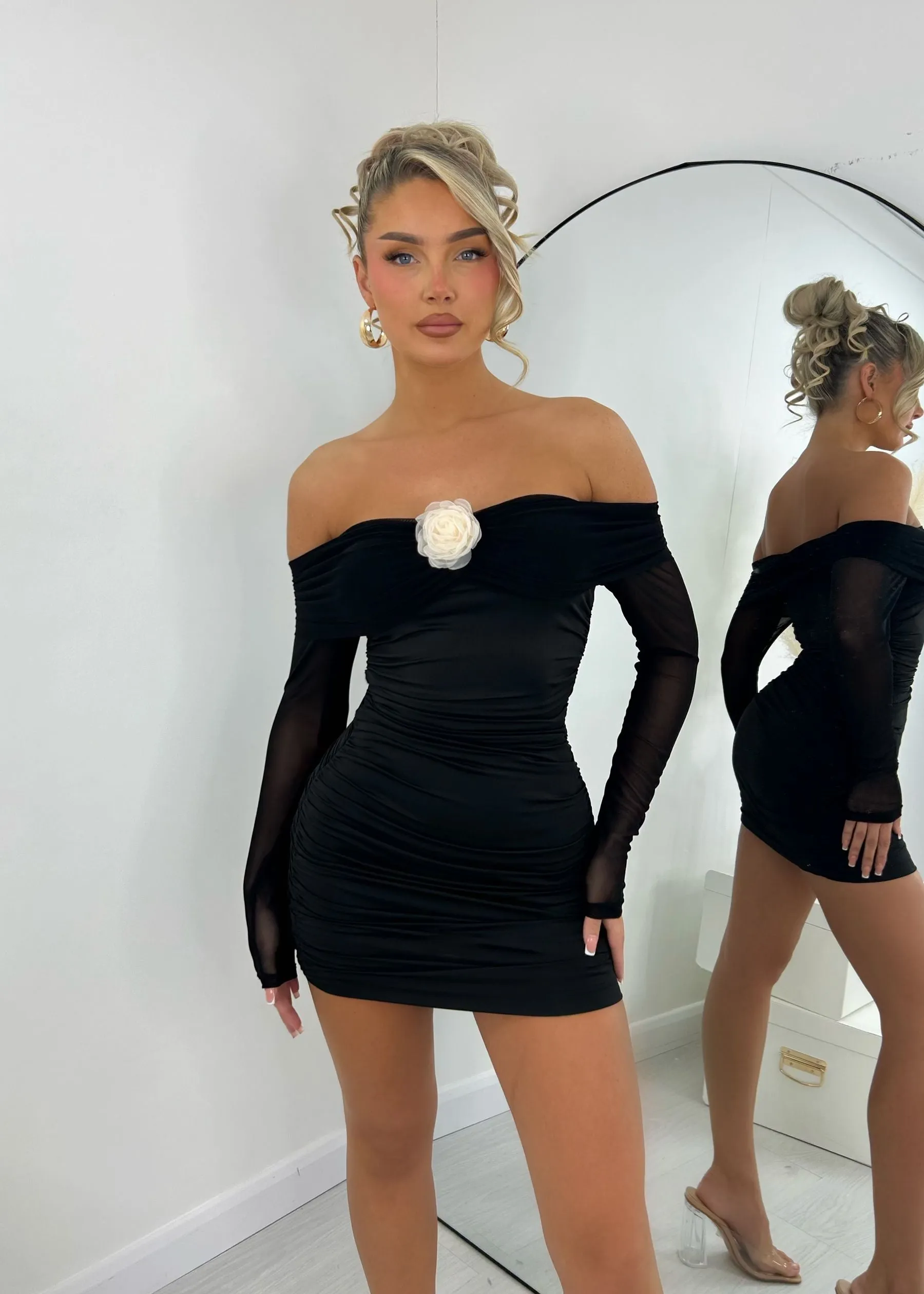 Tough Lover Off the Shoulder Corsage Mini Dress - Black