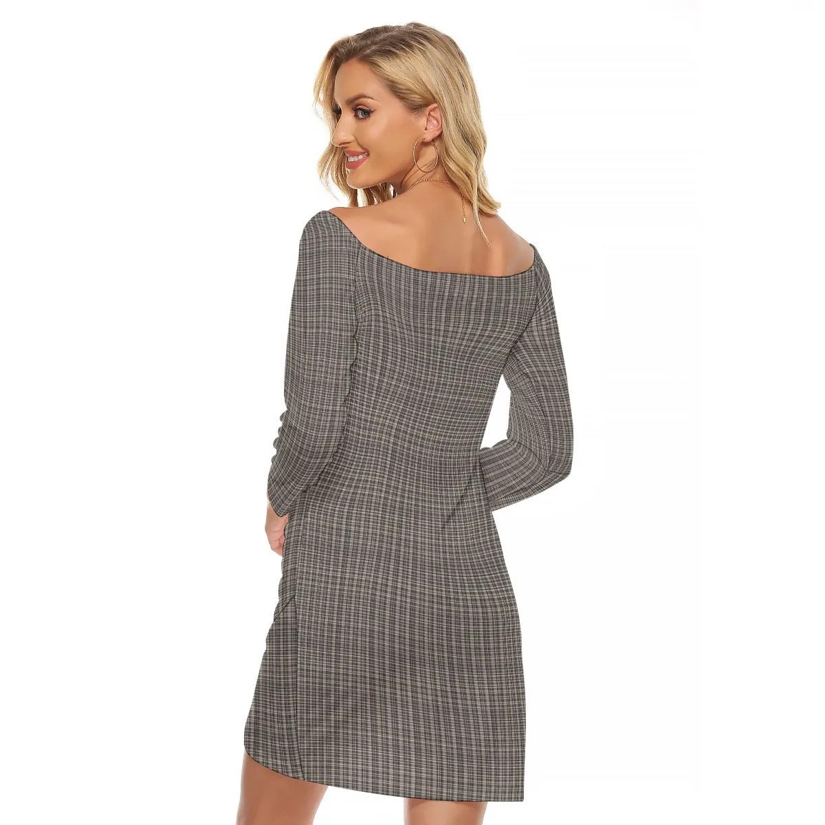 Vampire Art Dark Academia Beige Vintage Tartan Women's Off-shoulder Long Sleeve Dress