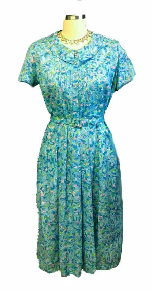 VINTAGE AQUA & PINK FLORAL PETER PAN COLLAR SPRING/SUMMER DRESS WITH MATCHING BELT