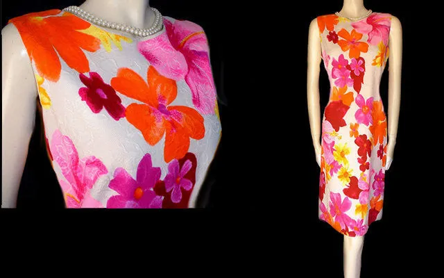 *VINTAGE CHARLOTTA HOT PINK & TANGERINE HIBISCUS DRESS WITH METAL ZIPPER