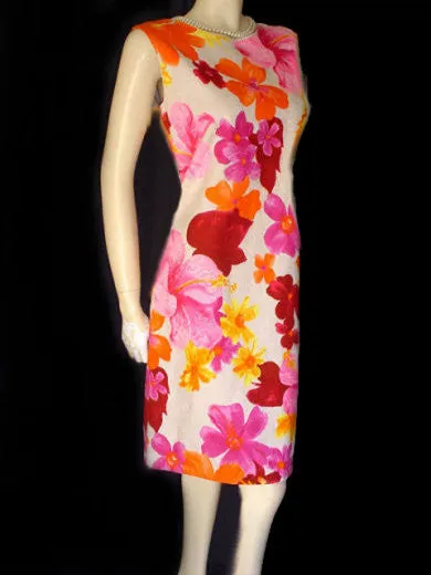 *VINTAGE CHARLOTTA HOT PINK & TANGERINE HIBISCUS DRESS WITH METAL ZIPPER