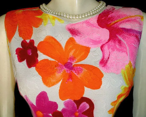 *VINTAGE CHARLOTTA HOT PINK & TANGERINE HIBISCUS DRESS WITH METAL ZIPPER