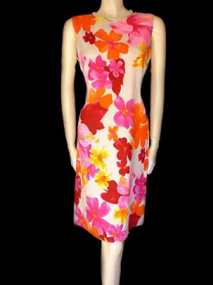 *VINTAGE CHARLOTTA HOT PINK & TANGERINE HIBISCUS DRESS WITH METAL ZIPPER