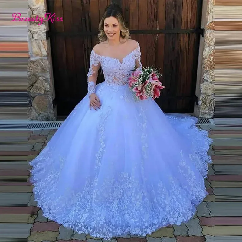 White Princess Ball Gown Wedding Dress  - Lace Appliques, Long Sleeves, Plus Size Robe De Mariee