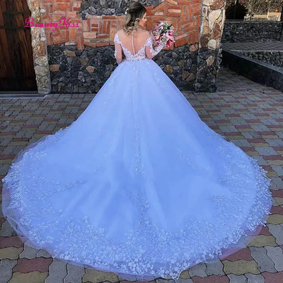 White Princess Ball Gown Wedding Dress  - Lace Appliques, Long Sleeves, Plus Size Robe De Mariee